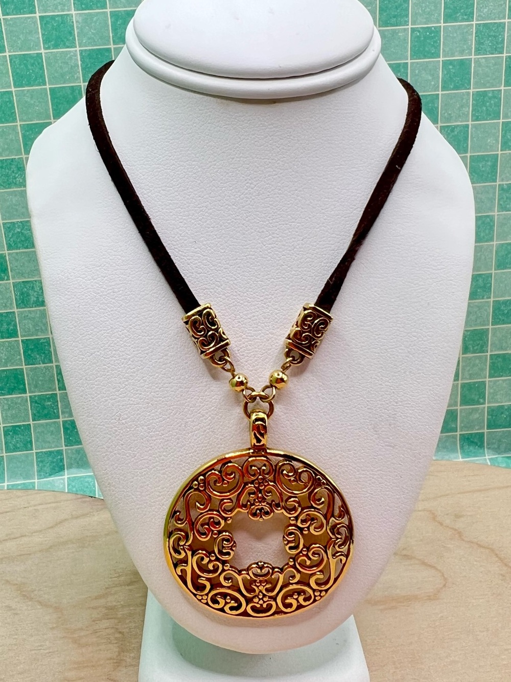 Lia Sophia Gold Tone Filigree Pendant Necklace Black Velvet Cord Boho Vintage